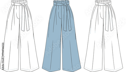 High waist wide leg pants flat sketch, fashion technical drawing with belt design, apparel vector template, cad drawing flat vector illustration