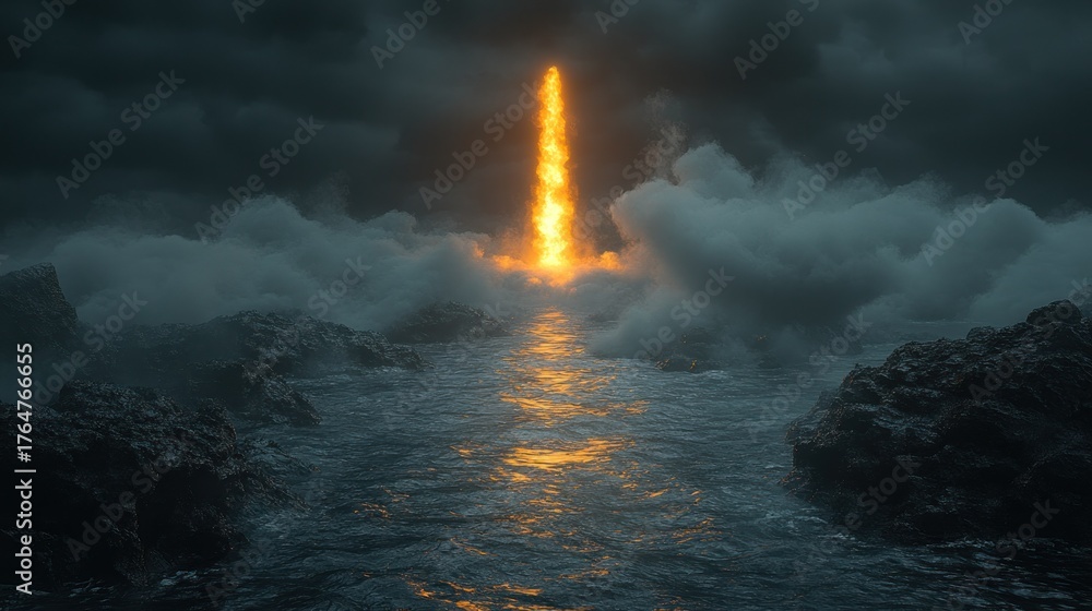 Fototapeta premium Fiery column ascends stormy seas