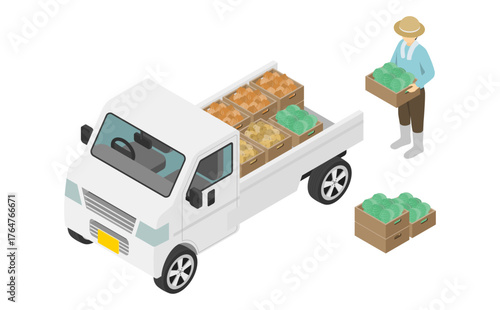 アイソメトリックイラスト：野菜を軽トラに積む農家