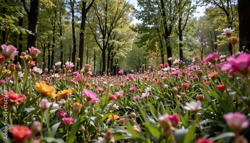 Vibrant Field of Blooming Flowers in a Lush Forest Park During Spring Season