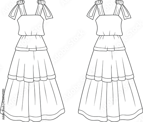 Long tiered dress technical flat sketch, fashion cad drawing, front and back view, apparel design template, vector illustration