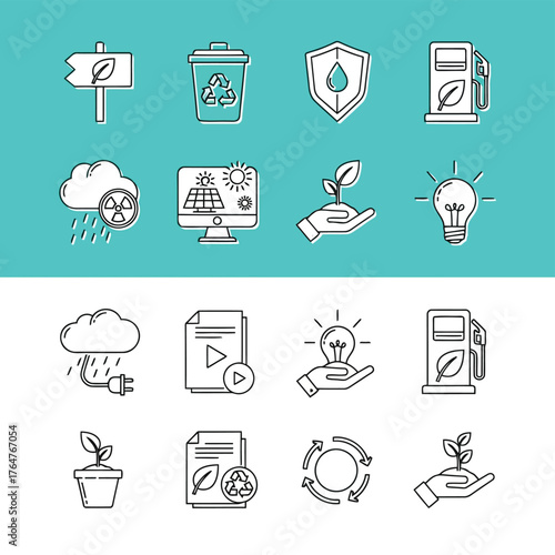 Vector illustration of collection of clean energy and ecofriendly icons including solar power, recycling, electric car, and light bulb for sustainability concepts