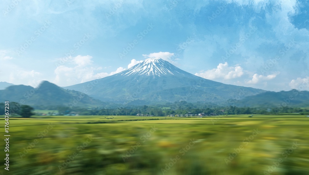 Naklejka premium A stunning mountain vista forms the backdrop for an abstract nature artwork featuring soft-focus fields and a dreamy watercolor sky