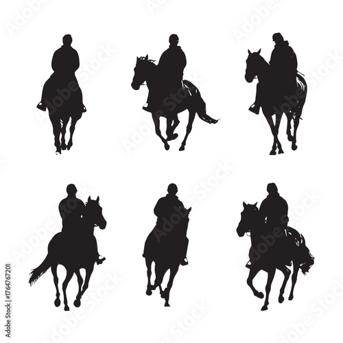 Dynamic horseback riding silhouette set showcasing equestrian action and grace isolated on white background