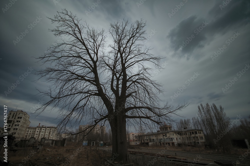 Fototapeta premium Haunted deserted town with radioactive fallout following a nuclear accident