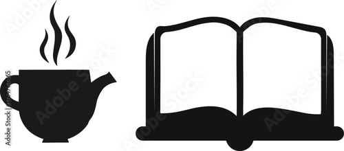 Silhouette of a steaming teapot next to an open book isolated on white background isolated on transparent background