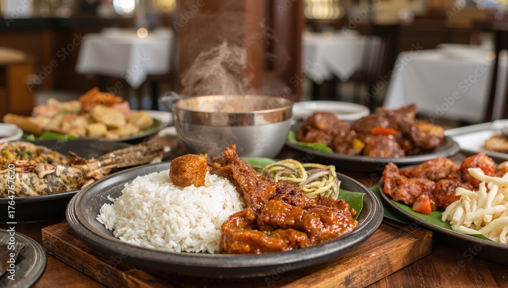 Obraz premium Traditional Indonesian meal featuring Padang rice and rendang on a wooden surface