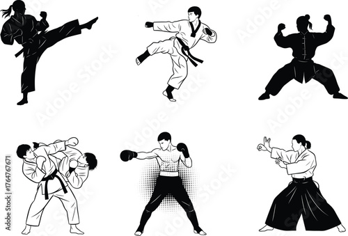 Martial arts fighters practicing karate, taekwondo, boxing, kung fu, and judo techniques, black and white vector illustration for combat sports training and design.