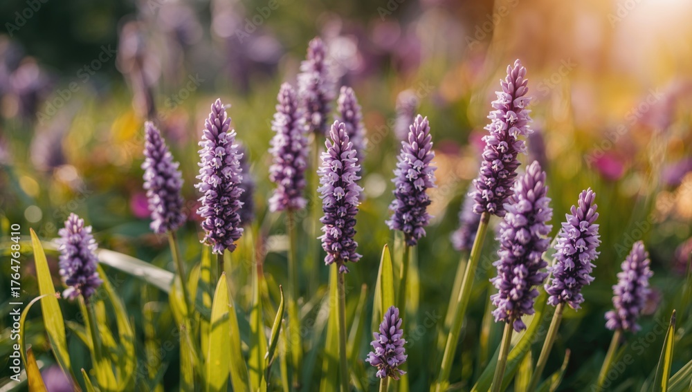 Obraz premium Close-up of tiny violet grass flowers, showcasing summer nature textures and floral beauty in a garden setting