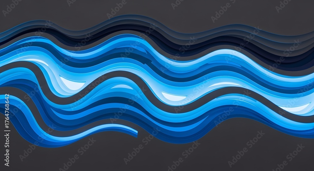 Fototapeta premium Abstract background with flowing blue and black glossy wave patterns on a dark gray surface.