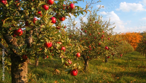 Mature crimson apples hanging in a fruit grove