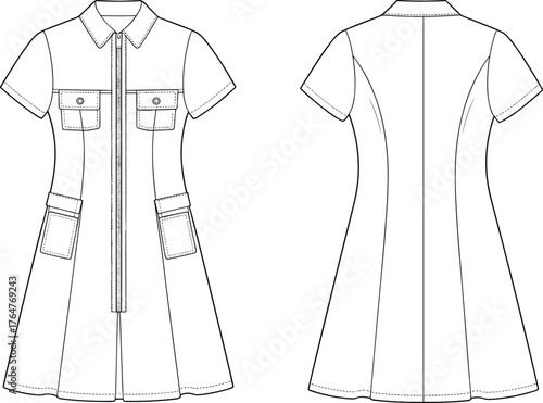 Short sleeve shirt dress technical flat sketch, front and back view, button up casual dress design vector illustration, fashion apparel template drawing