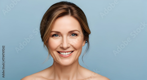 Radiant Beauty Portrait Optimistic Mature Woman with Smiling Face Happy Expression Confidence and Self Love For Wellness Products and Skin Care Solutions in Studio Shot