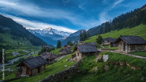 Wallpaper Mural Scenic rural settlement surrounded by verdant hills and icy peaks Torontodigital.ca