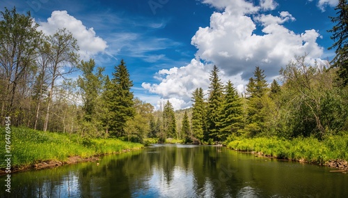 Wallpaper Mural Beautiful natural scenery featuring a river meandering through a forested region with lush vegetation in front and a clear sky adorned with fluffy clouds Torontodigital.ca