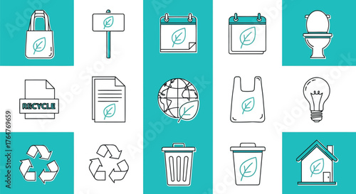 Vector illustration of collection of ecofriendly icons representing sustainability, recycling, and environmental protection