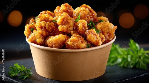 Crispy golden fried chicken popcorn overflowing from a brown paper bucket with fresh herbs
