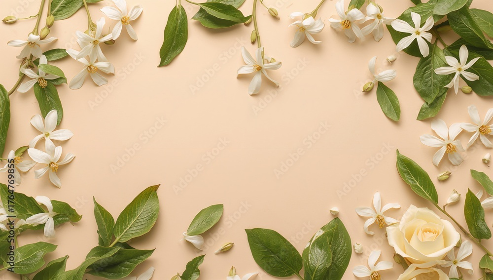 Fototapeta premium Fragrant jasmine blossoms accompanied by lush green foliage on a neutral beige surface, viewed from above with room for text