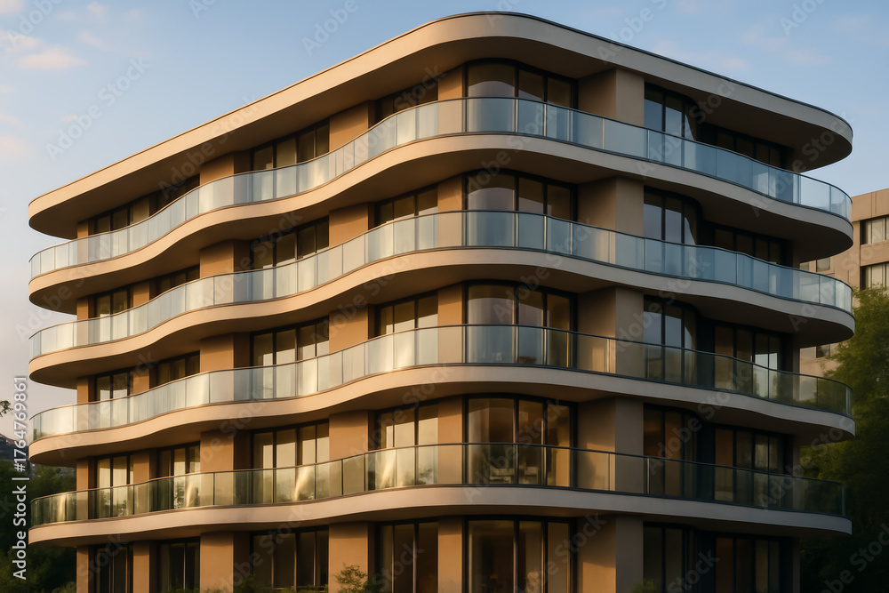Obraz premium Modern residential building with flowing architecture and glass balconies