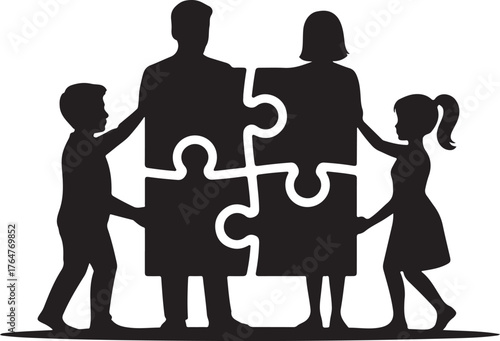 Family silhouette assembling four puzzle pieces together on white background parents children
