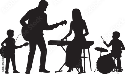 Black silhouette of a family band playing music with guitars keyboard and drums vector