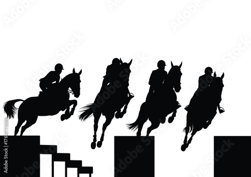 Silhouette horse jumping competition, equestrian riders performing show jumping, obstacle challenge race, professional horseback riding, vector illustration of sport horses in motionv
