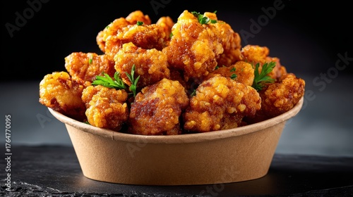 Crispy golden fried chicken bites garnished with fresh green herbs in a paper bowl