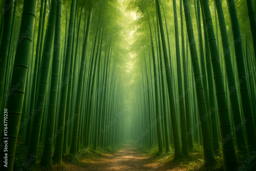 Fototapeta premium Serene bamboo forest path with sunlight filtering through leaves