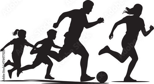 Black silhouette of a family playing soccer together on a white background children father