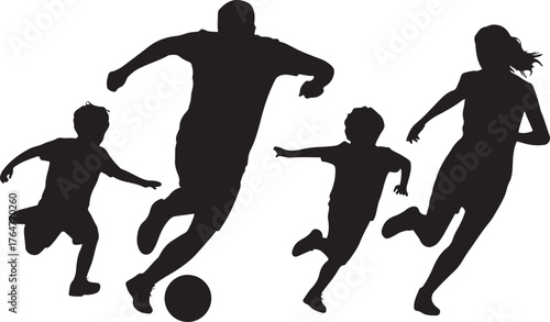Black silhouettes of a man and woman playing soccer with two children football sport