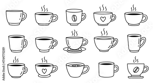 Various coffee cups with steam hot drinks beverage