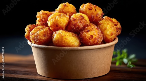Golden brown crispy potato tots piled high in a rustic paper cup
