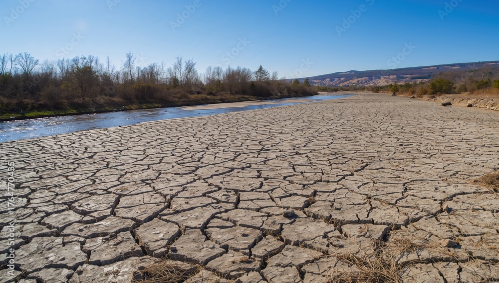 Fototapeta premium Dry riverbed revealing drought effects and advancing desertification