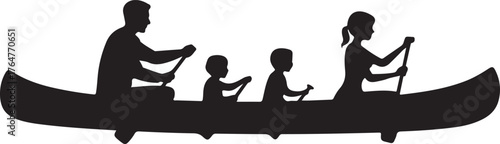 Black silhouette of a family paddling a canoe together black and white