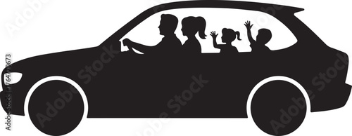 Black silhouette of a family driving in a car with children waving people