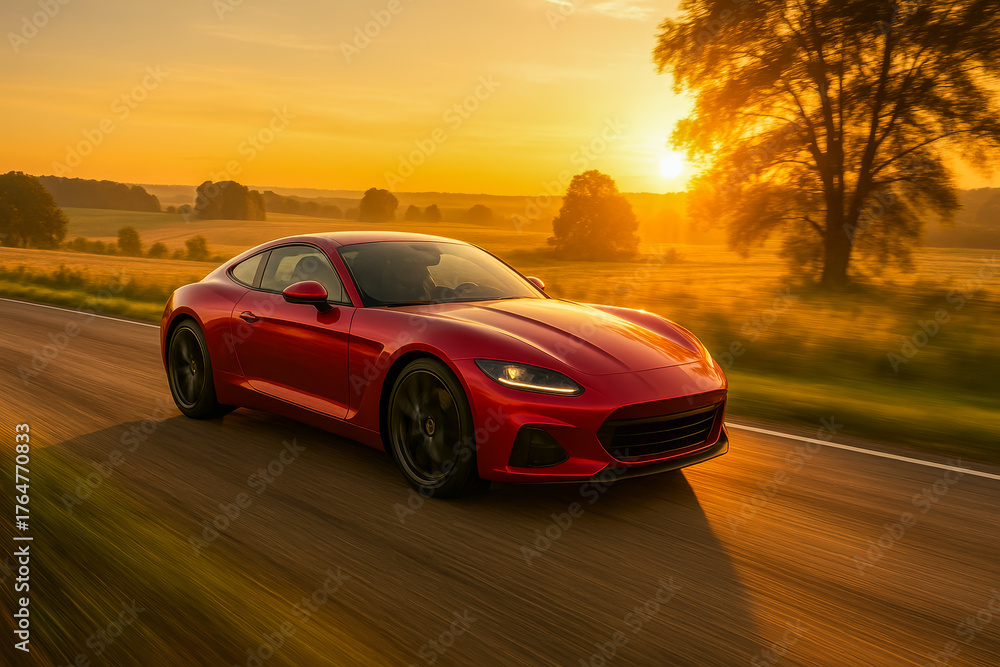 Fototapeta premium Red sports car driving on scenic road at sunset