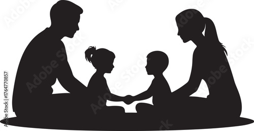 Black silhouette of a family sitting together holding hands black and white children