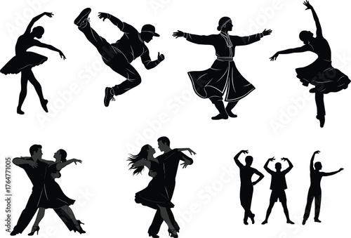 Silhouette vector illustration of different dance styles with men and women performing ballet, hip hop, folk, salsa, and modern dance poses, artistic movement concept