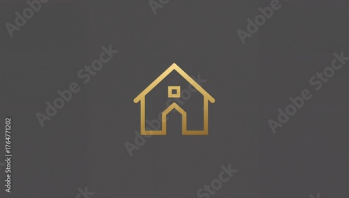 Golden geometric house icon with linear design, set against a dual-tone backdrop, ideal for construction and real estate branding.