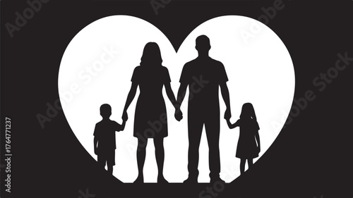 Black silhouette of a family of four holding hands inside a large white heart shape against a black background