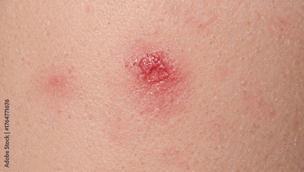 Fototapeta premium Skin inflammation caused by allergic reactions and pimples. Medical insights on red rashes and body care.