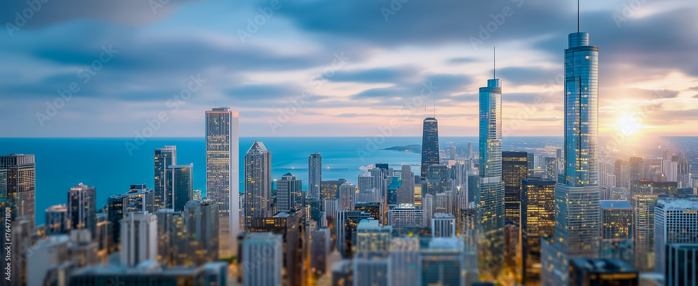 Fototapeta premium Stunning skyline view of chicago during sunset over lake michigan