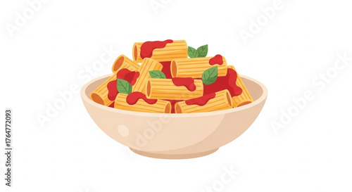 A bowl of rigatoni pasta with rich red tomato sauce and fresh green basil leaves, served in a light beige ceramic bowl.