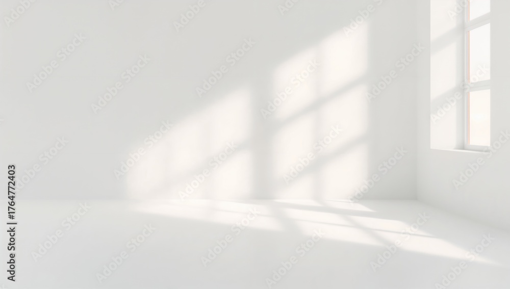 Fototapeta premium Minimalist White Room Setting Featuring Window Light and Shadow Effects for Product Display