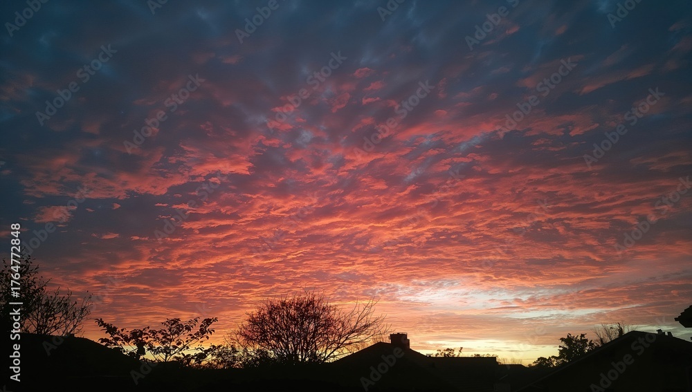 Fototapeta premium A colorful evening sky painted with deep orange and pink hues, with dark clouds drifting over shadowed rooftops and trees.