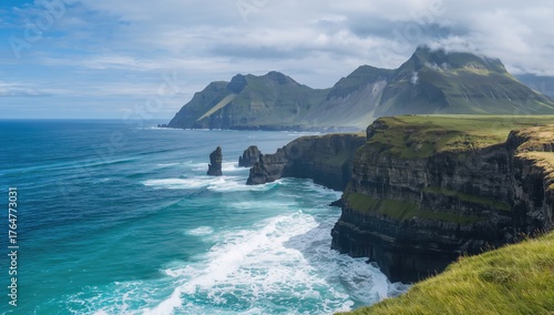 Ocean waves crashing against rugged cliffs on a remote island