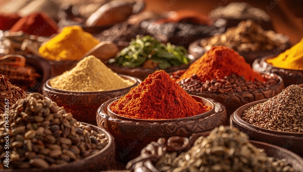 Fototapeta premium Herbs and spices arranged in wooden containers for cooking