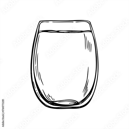 Full glass with non alcoholic drink monochrome vector isolated illustration in linear outline style. Purity water or tonic, juice in etching drawing style. Glassware sketch for menu, hydration design