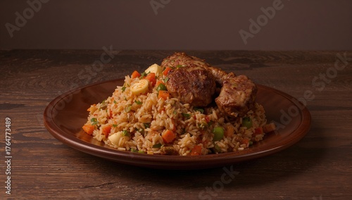 Rice dish served on a woode...