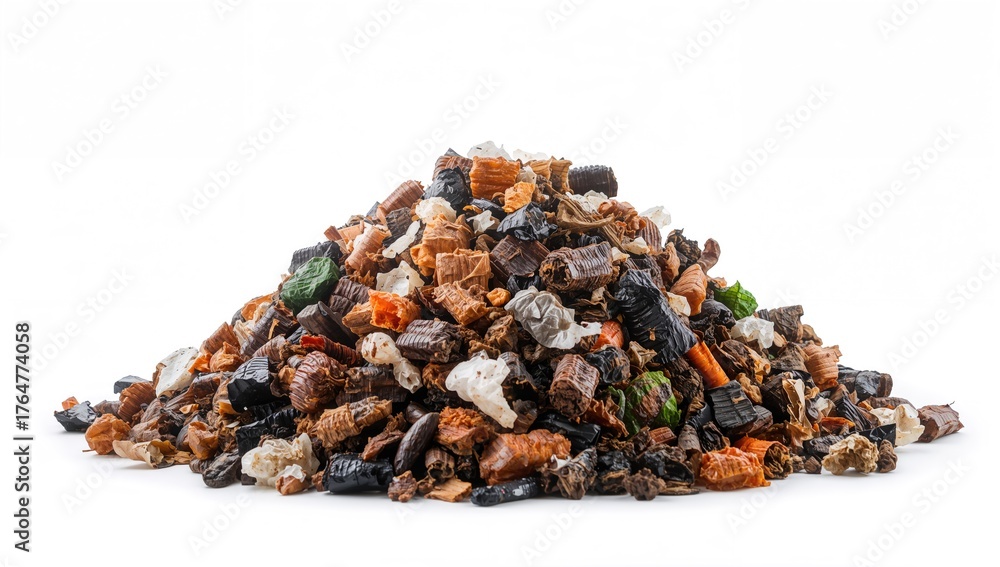 Obraz premium A heap of processed waste fuel (RDF) isolated on a white backdrop.